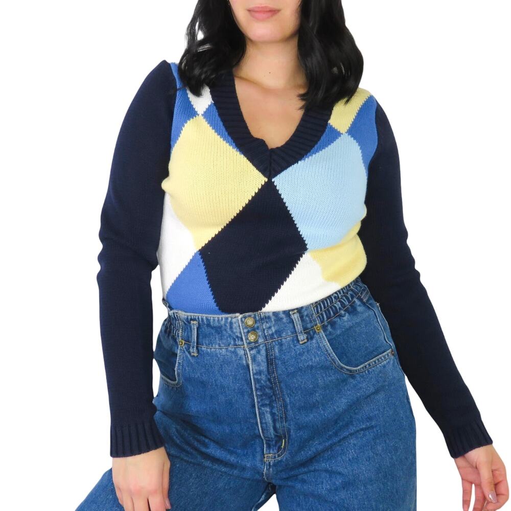 90s Vintage Liz Claiborne Blue & Yellow Argyle Plaid Sweater Large Preppy
